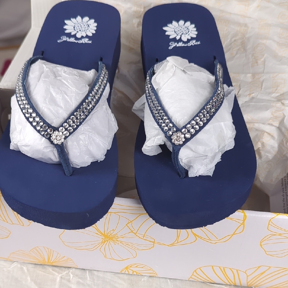 Yellow Box Navy Rhinestone Wedge Thong Sandals